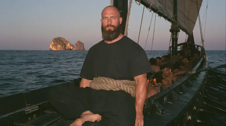medium wide shot of a broad-shouldered Caucasian man in his early thirties with a shaved head, a thick short dark beard, a square jaw, heavy brows and pale blue eyes, the build of a man who lifts, in a plain black…