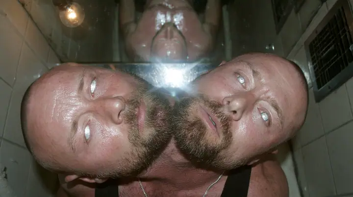 straight-down shot of a broad-shouldered Caucasian man in his early thirties with a shaved head, a thick short dark beard, a square jaw, heavy brows and pale blue eyes, the build of a man who lifts, in a black tank…