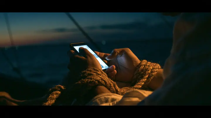 close-up of a man's rope-bound hands holding a phone at twilight on an ancient ship, thick hemp rope around his wrists, the phone screen glowing, his thumb on the screen, deep blue twilight, the last gold on the…