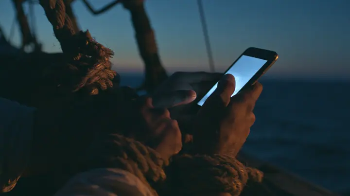 close-up of a man's rope-bound hands holding a phone at twilight on an ancient ship, thick hemp rope around his wrists, the phone screen glowing, his thumb on the screen, deep blue twilight, the last gold on the…
