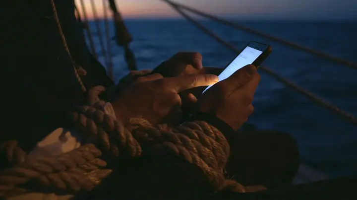 close-up of a man's rope-bound hands holding a phone at twilight on an ancient ship, thick hemp rope around his wrists, the phone screen glowing, his thumb on the screen, deep blue twilight, the last gold on the…
