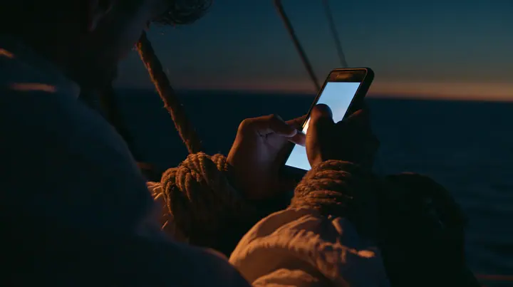 close-up of a man's rope-bound hands holding a phone at twilight on an ancient ship, thick hemp rope around his wrists, the phone screen glowing, his thumb on the screen, deep blue twilight, the last gold on the…