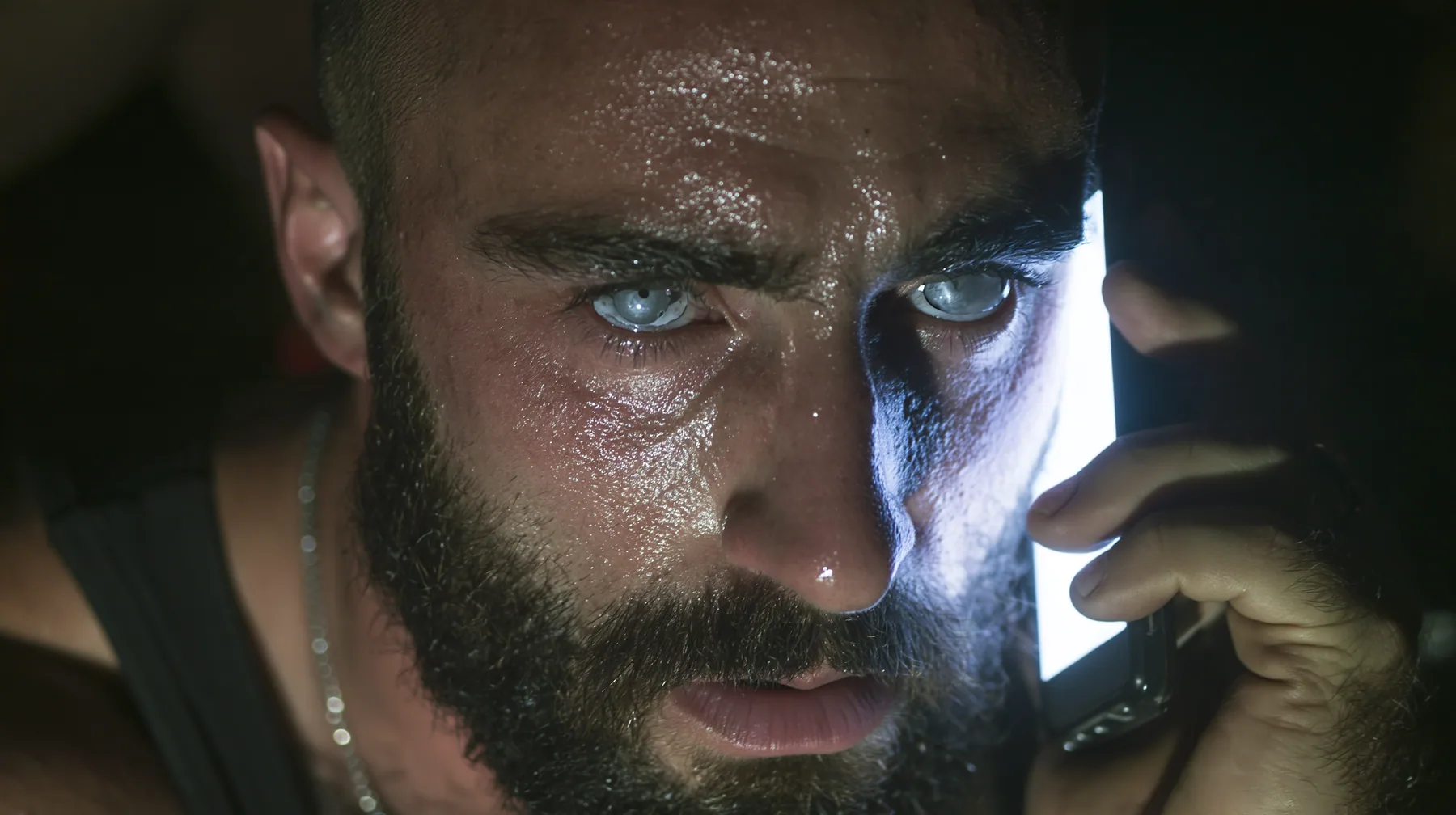 extreme close-up of a broad-shouldered Caucasian man in his early thirties with a shaved head, a thick short dark beard, a square jaw, heavy brows and pale blue eyes, the build of a man who lifts, in a black tank top…
