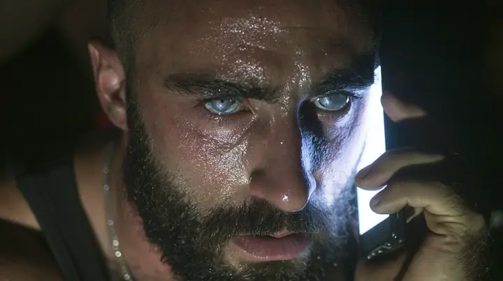 extreme close-up of a broad-shouldered Caucasian man in his early thirties with a shaved head, a thick short dark beard, a square jaw, heavy brows and pale blue eyes, the build of a man who lifts, in a black tank top…