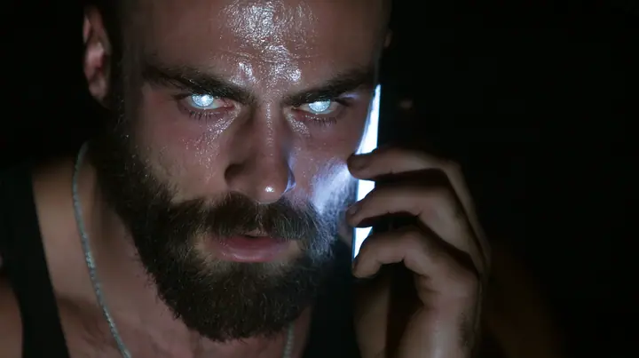 extreme close-up of a broad-shouldered Caucasian man in his early thirties with a shaved head, a thick short dark beard, a square jaw, heavy brows and pale blue eyes, the build of a man who lifts, in a black tank top…