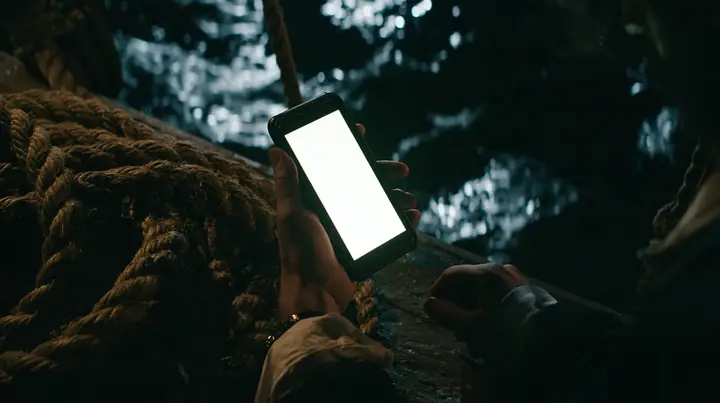 close-up of a man's hand holding a phone on the deck of an ancient ship at night, a coil of thick hemp rope beside it, the phone's screen glowing plain white, moonlight on the wet wood, night, moonlight on a…