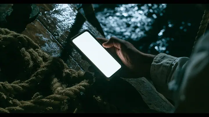 close-up of a man's hand holding a phone on the deck of an ancient ship at night, a coil of thick hemp rope beside it, the phone's screen glowing plain white, moonlight on the wet wood, night, moonlight on a…