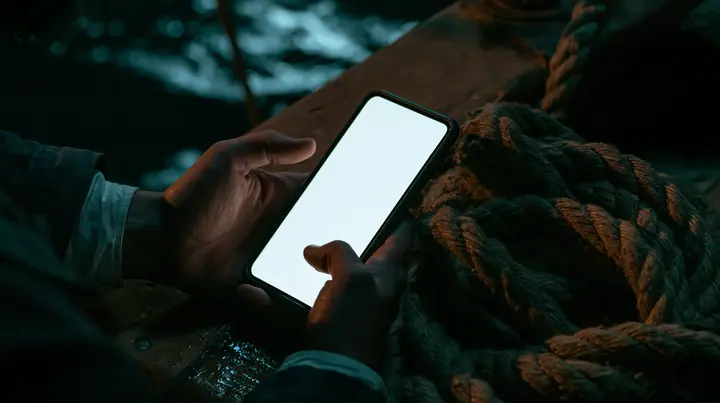 close-up of a man's hand holding a phone on the deck of an ancient ship at night, a coil of thick hemp rope beside it, the phone's screen glowing plain white, moonlight on the wet wood, night, moonlight on a…