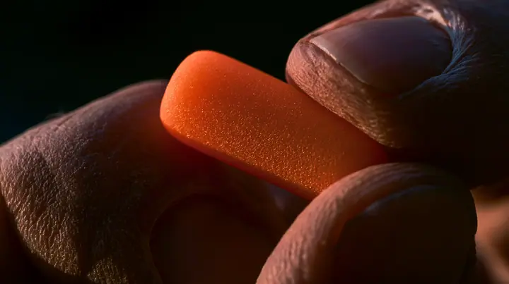 macro of a rower's rough weathered fingers pinching a bright orange foam earplug and rolling it into a thin cylinder between thumb and forefinger, the plug squeezed and held firmly, macro product photograph, hard rim…