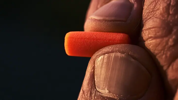 macro of a rower's rough weathered fingers pinching a bright orange foam earplug and rolling it into a thin cylinder between thumb and forefinger, the plug squeezed and held firmly, macro product photograph, hard rim…