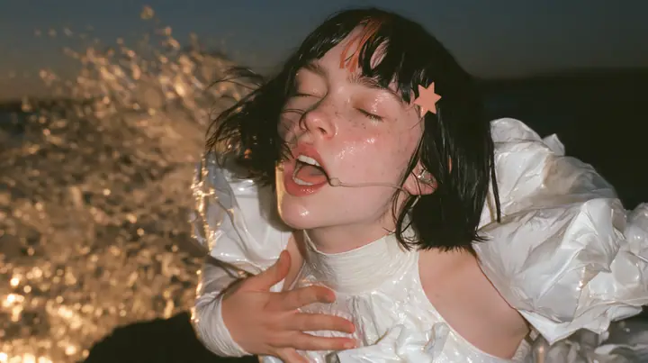 medium close-up of a Caucasian American woman in her mid-twenties with pale skin and light freckles, a glossy black blunt jaw-length bob with heavy straight bangs and one clay-orange streak through the bangs, a small…
