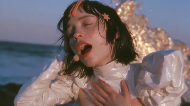 medium close-up of a Caucasian American woman in her mid-twenties with pale skin and light freckles, a glossy black blunt jaw-length bob with heavy straight bangs and one clay-orange streak through the bangs, a small…