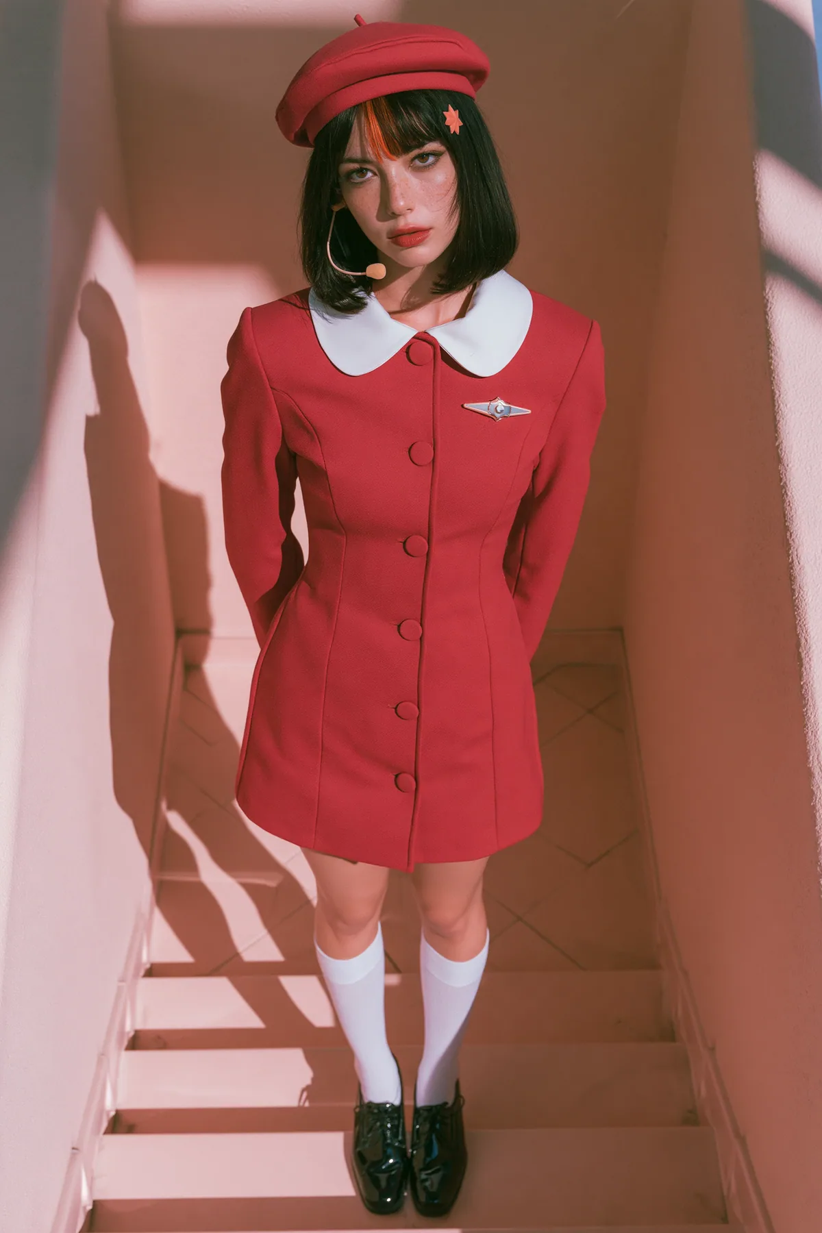full-length photo, a 28-year-old Caucasian American woman with a grown-up angular face, defined cheekbones and a strong jawline, pale skin and light freckles, a glossy black blunt jaw-length bob with heavy straight…
