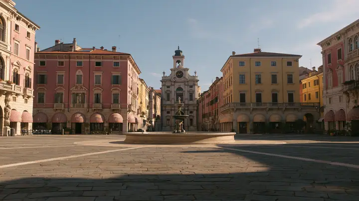 wide perfectly symmetrical shot of a pastel town square in the morning: pink and butter-yellow facades with striped awnings, a round fountain in the centre, a clock tower, empty cobblestones, soft light, art-house…