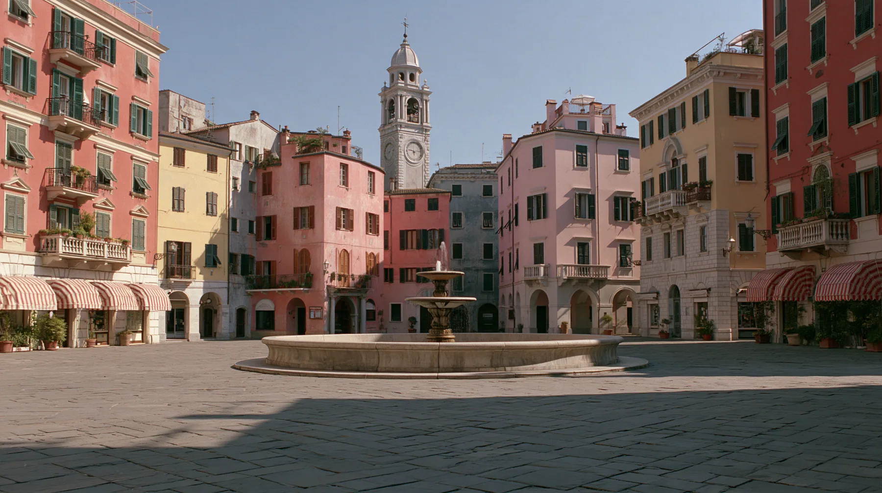 wide perfectly symmetrical shot of a pastel town square in the morning: pink and butter-yellow facades with striped awnings, a round fountain in the centre, a clock tower, empty cobblestones, soft light, art-house…