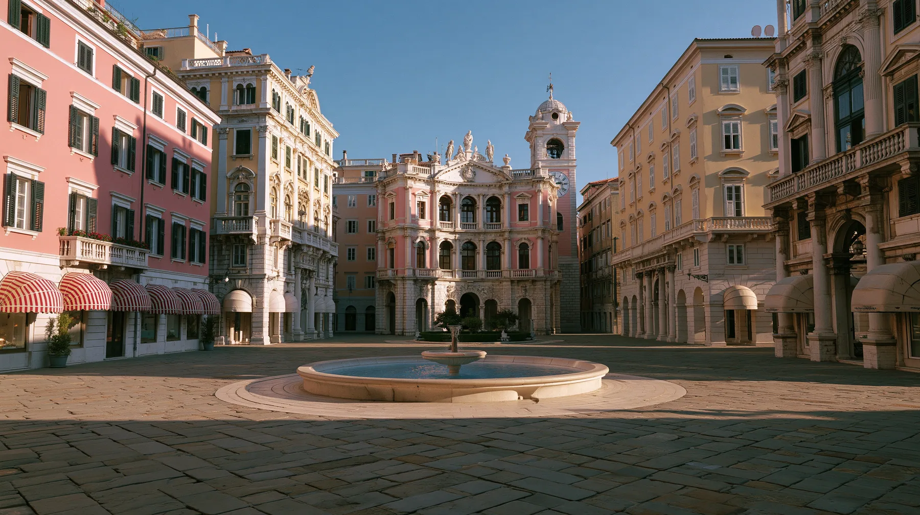 wide perfectly symmetrical shot of a pastel town square in the morning: pink and butter-yellow facades with striped awnings, a round fountain in the centre, a clock tower, empty cobblestones, soft light, art-house…