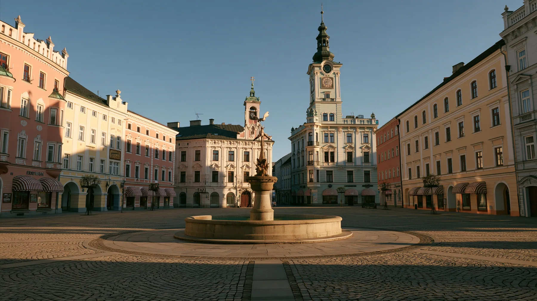 wide perfectly symmetrical shot of a pastel town square in the morning: pink and butter-yellow facades with striped awnings, a round fountain in the centre, a clock tower, empty cobblestones, soft light, art-house…