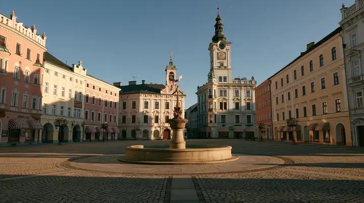 wide perfectly symmetrical shot of a pastel town square in the morning: pink and butter-yellow facades with striped awnings, a round fountain in the centre, a clock tower, empty cobblestones, soft light, art-house…