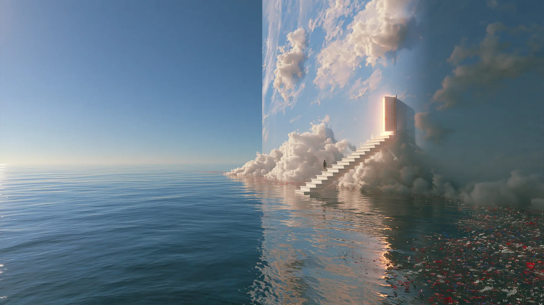 a vast wall painted as a pale blue sky with soft clouds rising out of a calm sea, a white staircase climbing along the wall to a small open door full of warm golden light, a tiny figure on the stairs, surreal,…