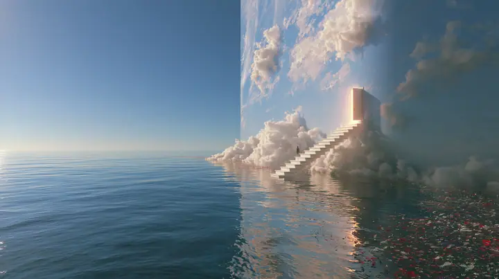 a vast wall painted as a pale blue sky with soft clouds rising out of a calm sea, a white staircase climbing along the wall to a small open door full of warm golden light, a tiny figure on the stairs, surreal,…