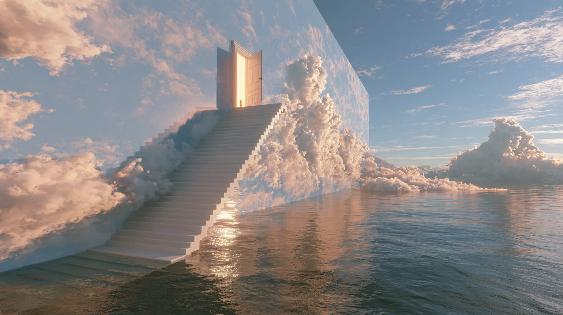 a vast wall painted as a pale blue sky with soft clouds rising out of a calm sea, a white staircase climbing along the wall to a small open door full of warm golden light, a tiny figure on the stairs, surreal,…