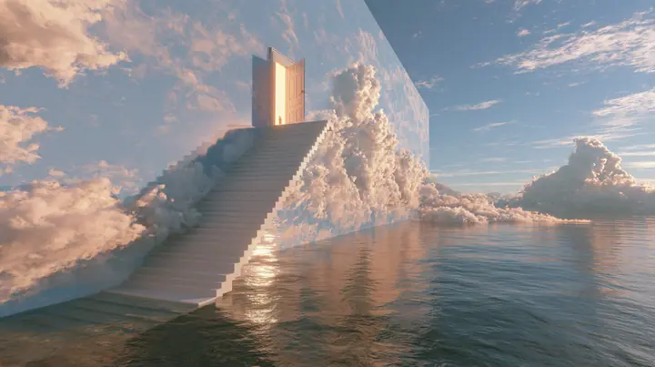 a vast wall painted as a pale blue sky with soft clouds rising out of a calm sea, a white staircase climbing along the wall to a small open door full of warm golden light, a tiny figure on the stairs, surreal,…