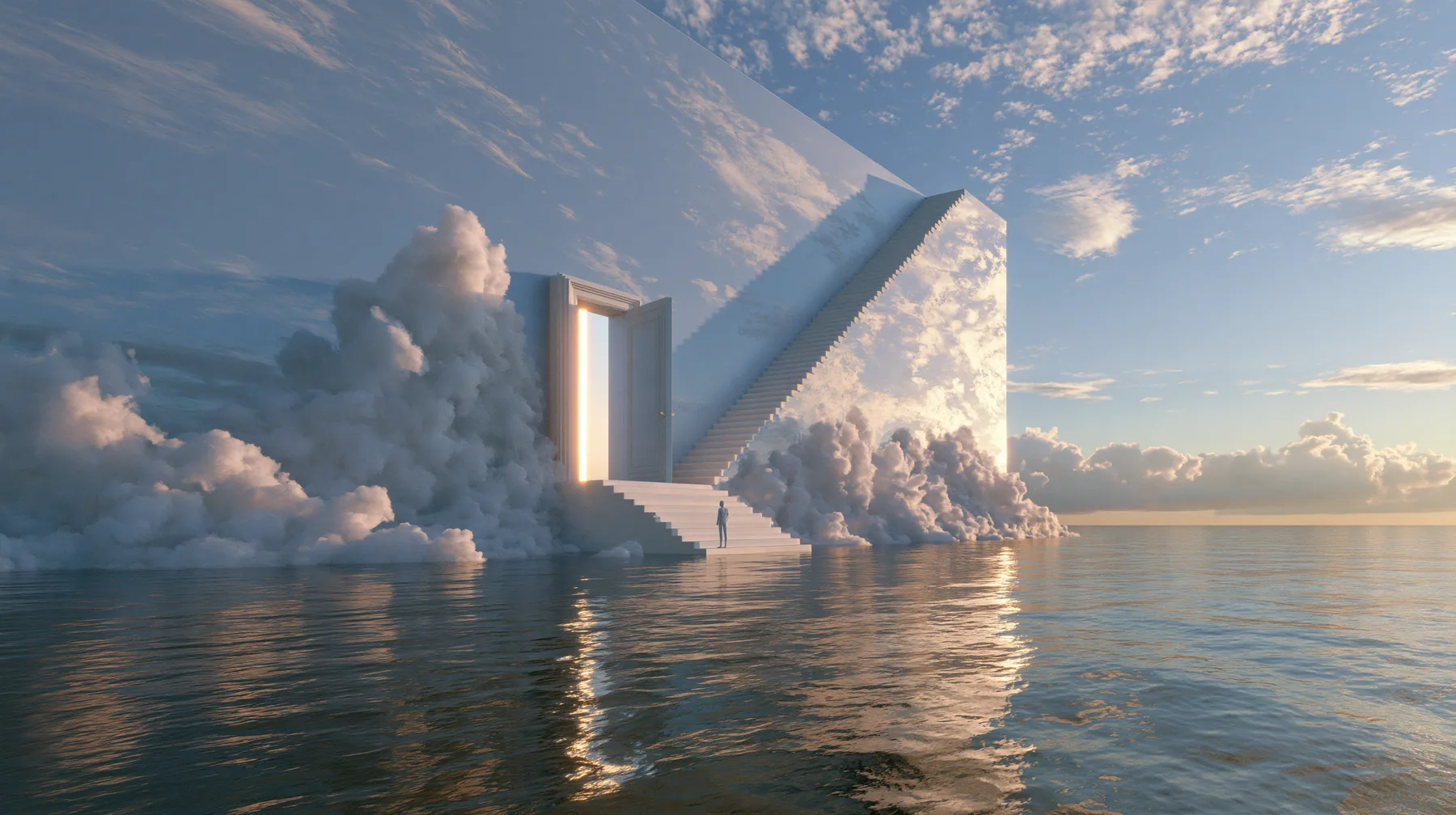 a vast wall painted as a pale blue sky with soft clouds rising out of a calm sea, a white staircase climbing along the wall to a small open door full of warm golden light, a tiny figure on the stairs, surreal,…
