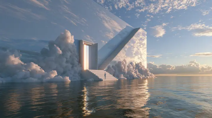a vast wall painted as a pale blue sky with soft clouds rising out of a calm sea, a white staircase climbing along the wall to a small open door full of warm golden light, a tiny figure on the stairs, surreal,…