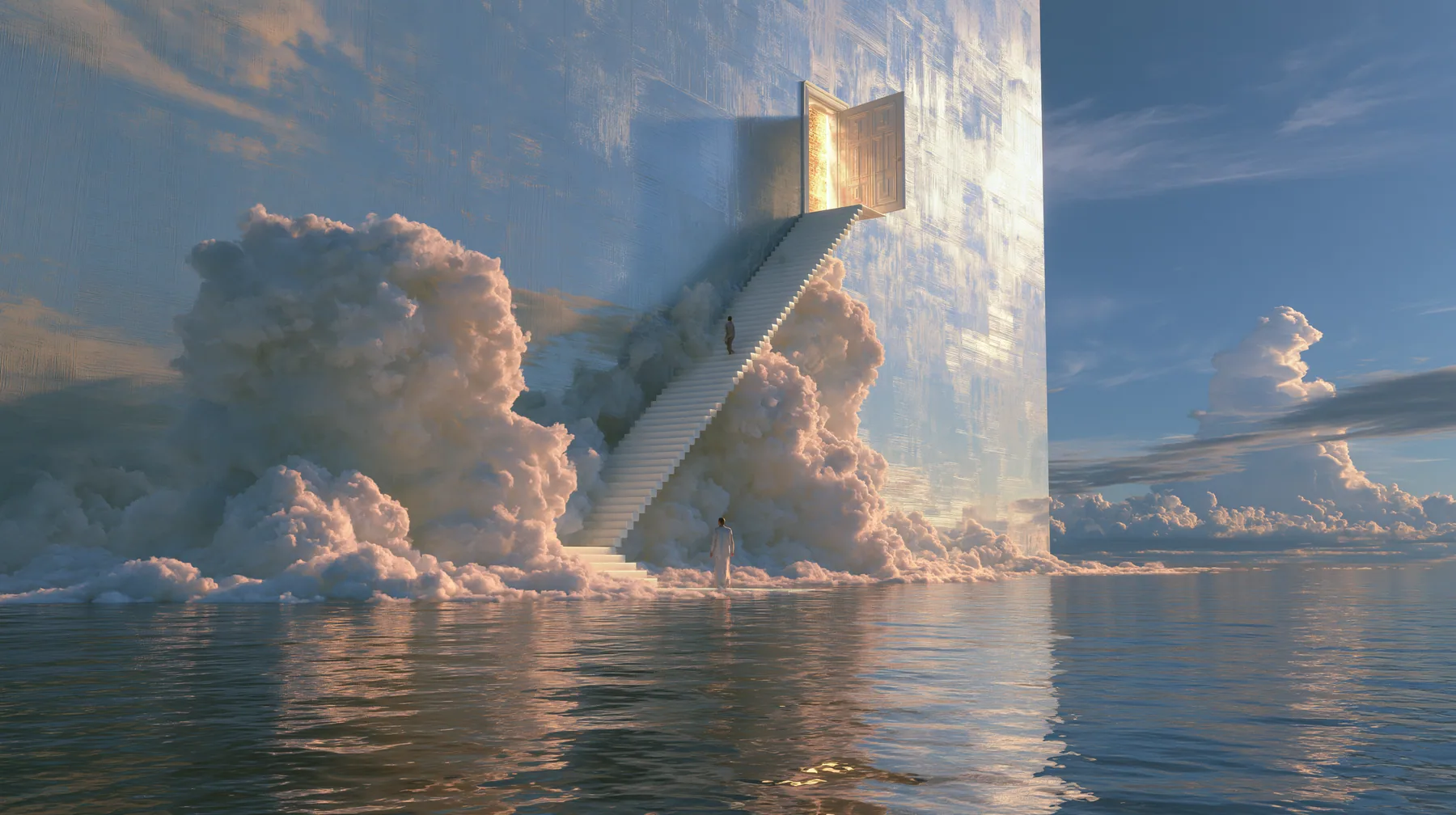 a vast wall painted as a pale blue sky with soft clouds rising out of a calm sea, a white staircase climbing along the wall to a small open door full of warm golden light, a tiny figure on the stairs, surreal,…