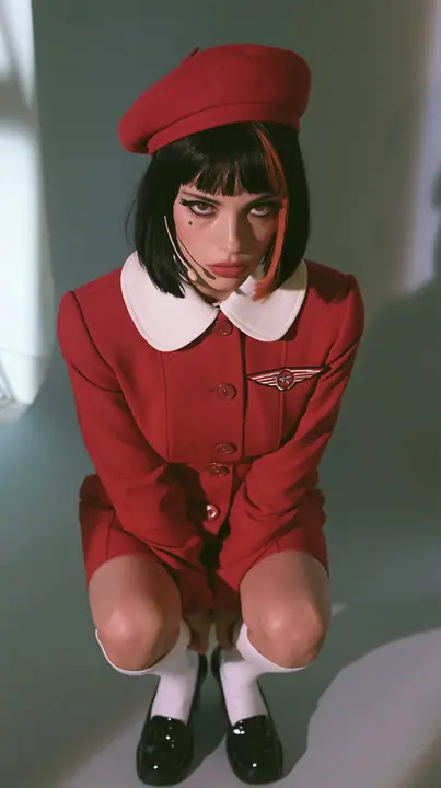 full-length photo, a Caucasian American woman in her late twenties with pale skin and a glossy black blunt bob with heavy straight bangs and one clay-orange streak, a thin headset microphone, in a red tailored coat…
