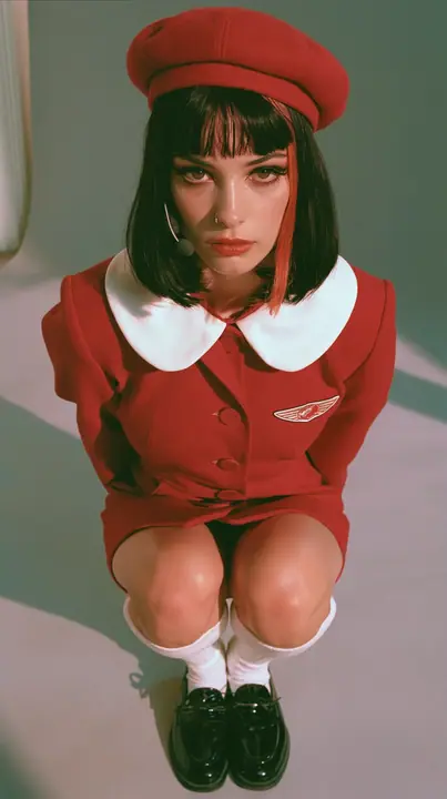 full-length photo, a Caucasian American woman in her late twenties with pale skin and a glossy black blunt bob with heavy straight bangs and one clay-orange streak, a thin headset microphone, in a red tailored coat…