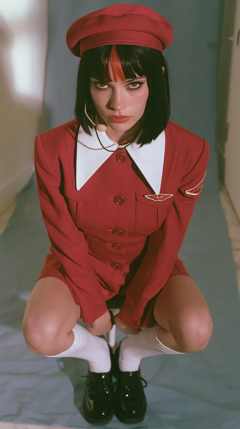 full-length photo, a Caucasian American woman in her late twenties with pale skin and a glossy black blunt bob with heavy straight bangs and one clay-orange streak, a thin headset microphone, in a red tailored coat…