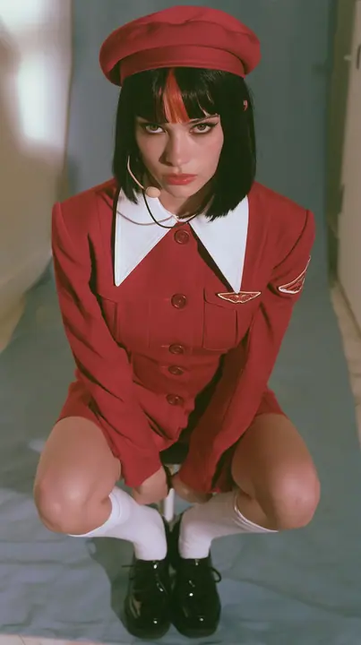 full-length photo, a Caucasian American woman in her late twenties with pale skin and a glossy black blunt bob with heavy straight bangs and one clay-orange streak, a thin headset microphone, in a red tailored coat…