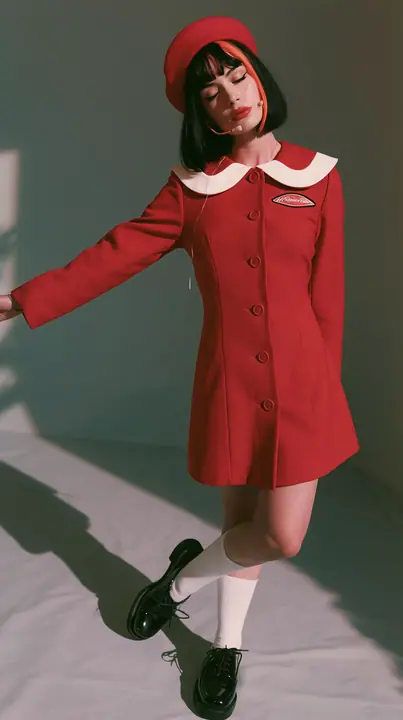 full-length photo, a Caucasian American woman in her late twenties with pale skin and a glossy black blunt bob with heavy straight bangs and one clay-orange streak, a thin headset microphone, in a red tailored coat…