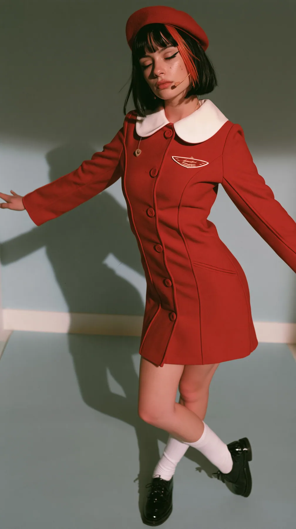 full-length photo, a Caucasian American woman in her late twenties with pale skin and a glossy black blunt bob with heavy straight bangs and one clay-orange streak, a thin headset microphone, in a red tailored coat…