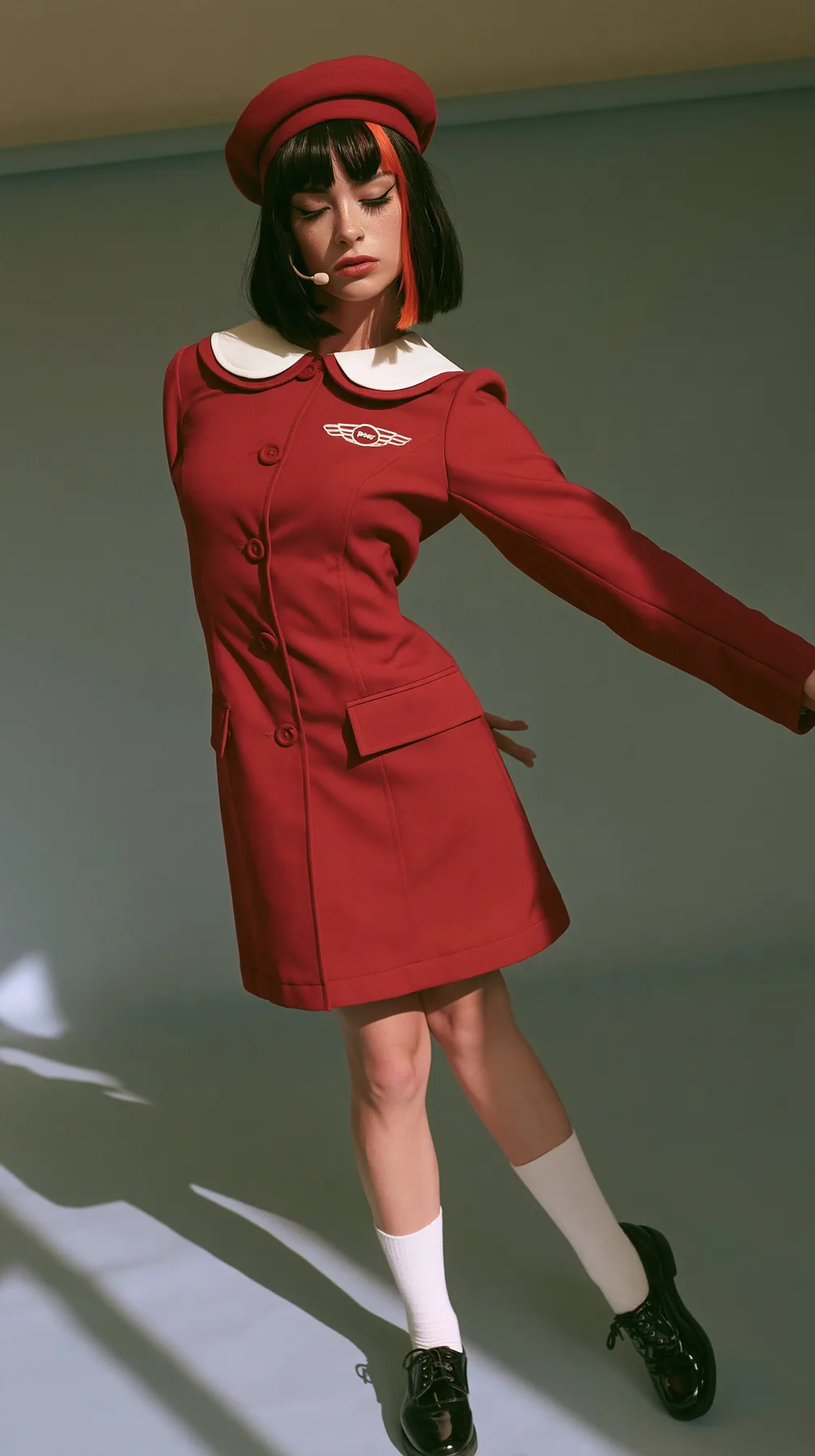 full-length photo, a Caucasian American woman in her late twenties with pale skin and a glossy black blunt bob with heavy straight bangs and one clay-orange streak, a thin headset microphone, in a red tailored coat…