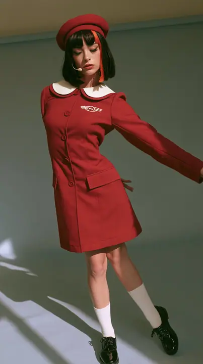 full-length photo, a Caucasian American woman in her late twenties with pale skin and a glossy black blunt bob with heavy straight bangs and one clay-orange streak, a thin headset microphone, in a red tailored coat…