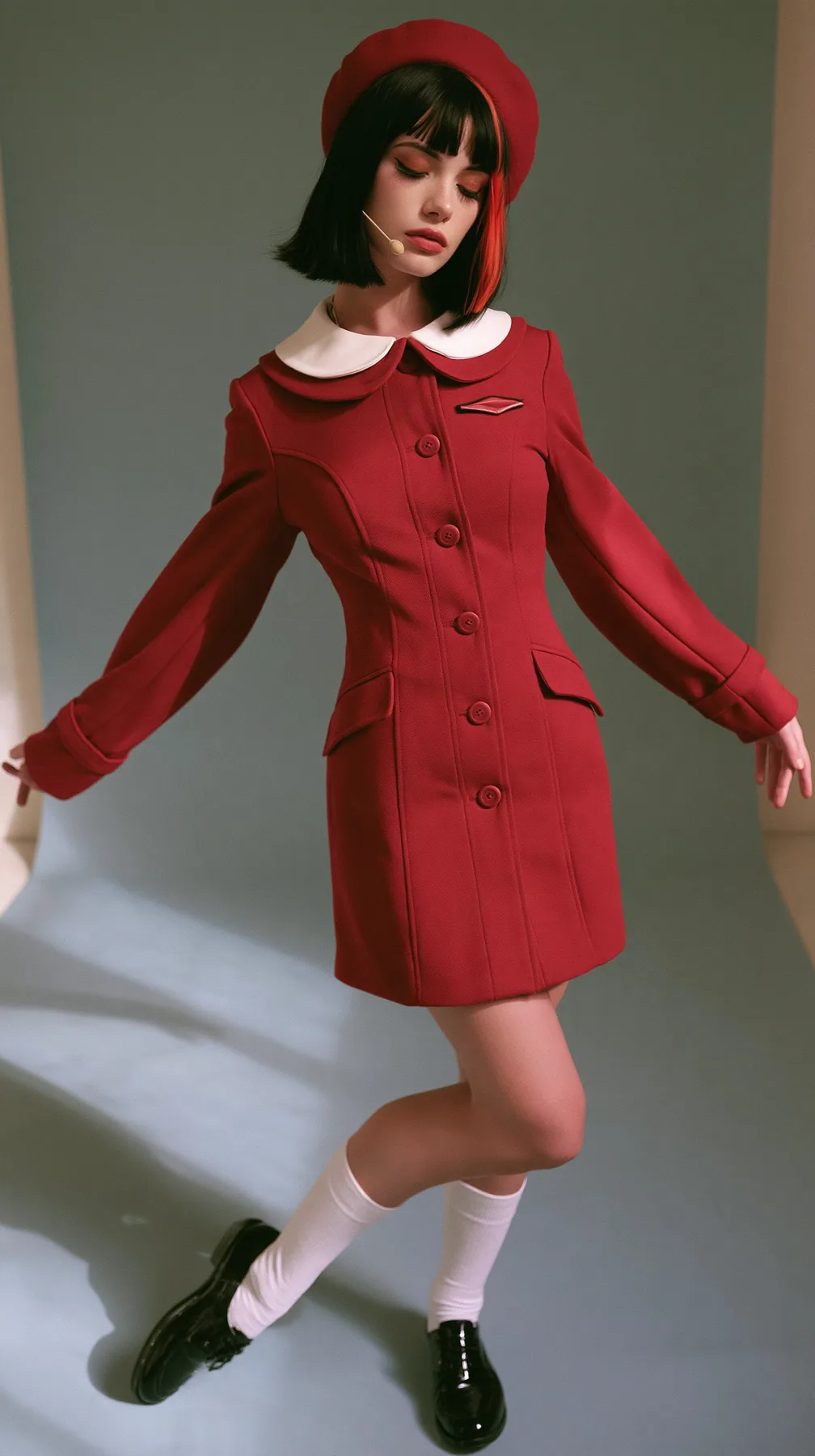 full-length photo, a Caucasian American woman in her late twenties with pale skin and a glossy black blunt bob with heavy straight bangs and one clay-orange streak, a thin headset microphone, in a red tailored coat…