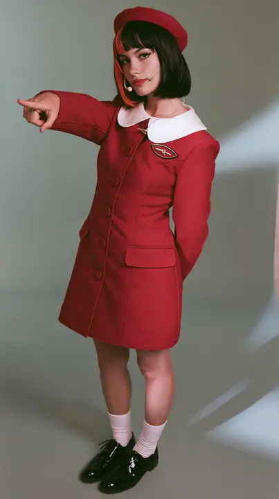 waist-up photo, a Caucasian American woman in her late twenties with pale skin and a glossy black blunt bob with heavy straight bangs and one clay-orange streak, a thin headset microphone, in a red tailored coat…