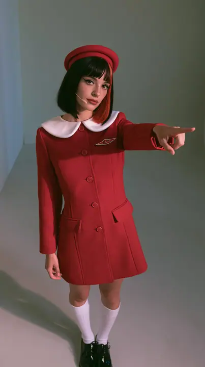 waist-up photo, a Caucasian American woman in her late twenties with pale skin and a glossy black blunt bob with heavy straight bangs and one clay-orange streak, a thin headset microphone, in a red tailored coat…