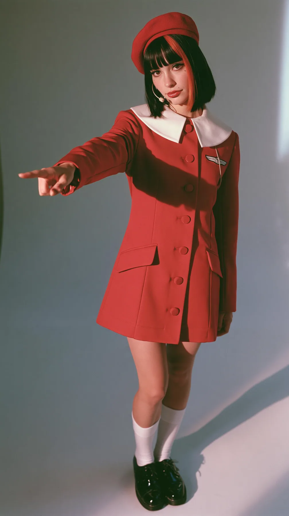 waist-up photo, a Caucasian American woman in her late twenties with pale skin and a glossy black blunt bob with heavy straight bangs and one clay-orange streak, a thin headset microphone, in a red tailored coat…