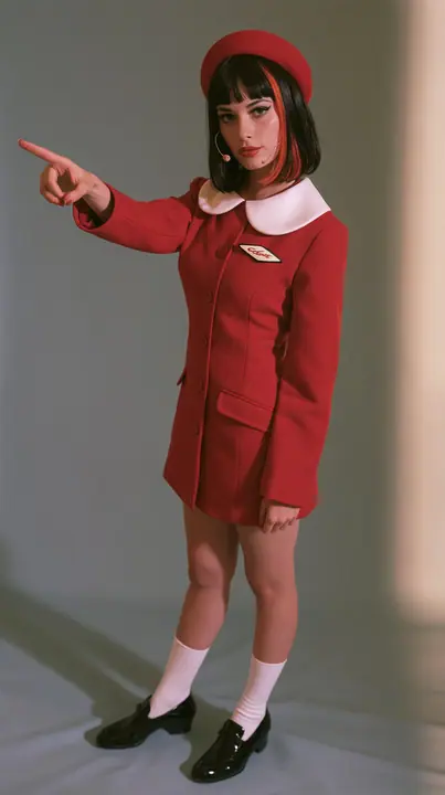 waist-up photo, a Caucasian American woman in her late twenties with pale skin and a glossy black blunt bob with heavy straight bangs and one clay-orange streak, a thin headset microphone, in a red tailored coat…