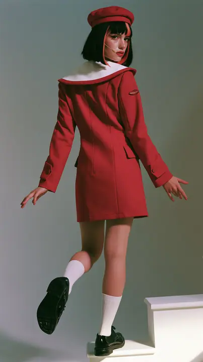 full-length photo from behind, a Caucasian American woman in her late twenties with pale skin and a glossy black blunt bob with heavy straight bangs and one clay-orange streak, a thin headset microphone, in a red…