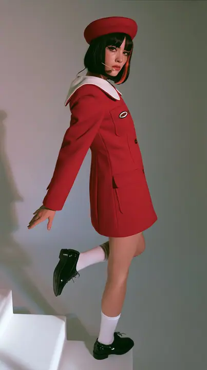 full-length photo from behind, a Caucasian American woman in her late twenties with pale skin and a glossy black blunt bob with heavy straight bangs and one clay-orange streak, a thin headset microphone, in a red…