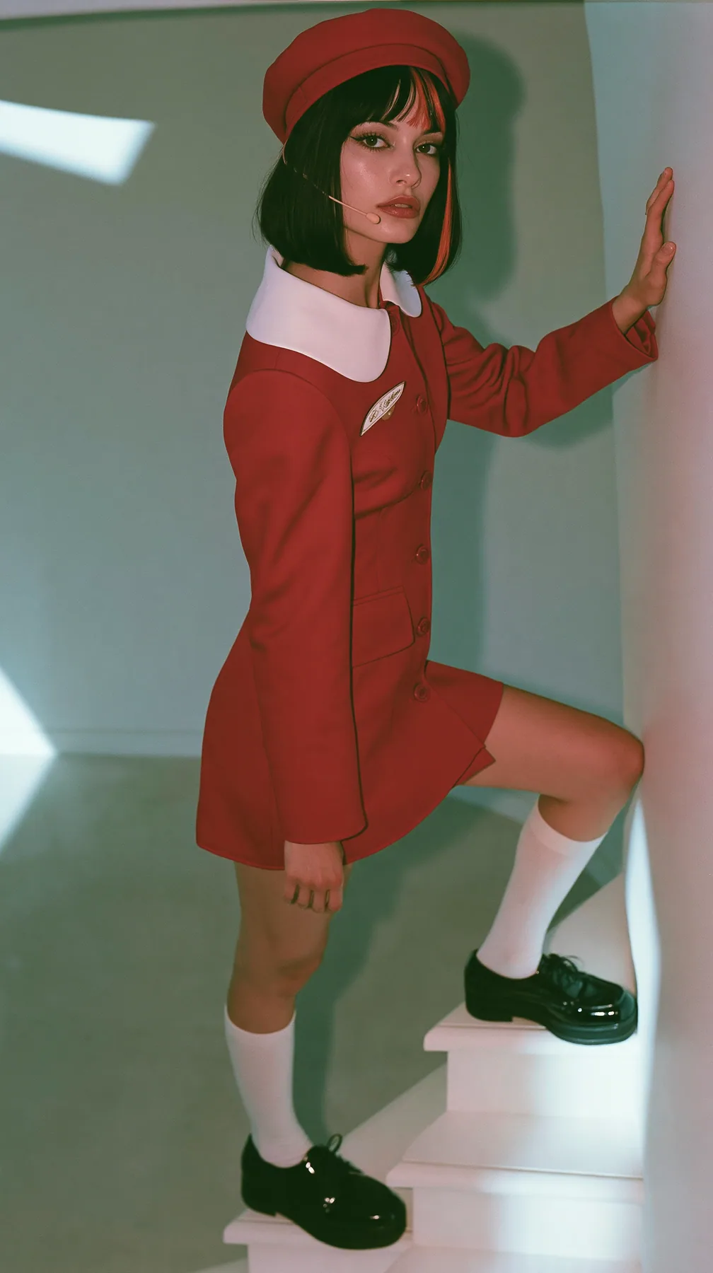 full-length side view, a Caucasian American woman in her late twenties with pale skin and a glossy black blunt bob with heavy straight bangs and one clay-orange streak, a thin headset microphone, in a red tailored…