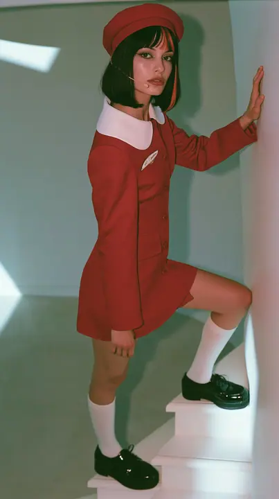 full-length side view, a Caucasian American woman in her late twenties with pale skin and a glossy black blunt bob with heavy straight bangs and one clay-orange streak, a thin headset microphone, in a red tailored…