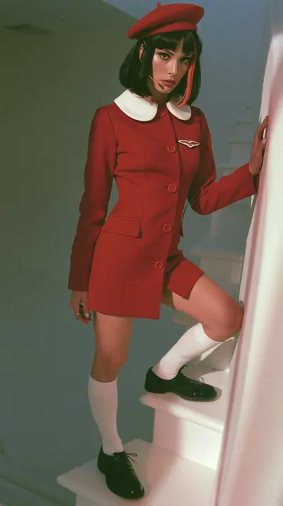 full-length side view, a Caucasian American woman in her late twenties with pale skin and a glossy black blunt bob with heavy straight bangs and one clay-orange streak, a thin headset microphone, in a red tailored…