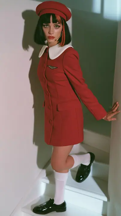 full-length side view, a Caucasian American woman in her late twenties with pale skin and a glossy black blunt bob with heavy straight bangs and one clay-orange streak, a thin headset microphone, in a red tailored…
