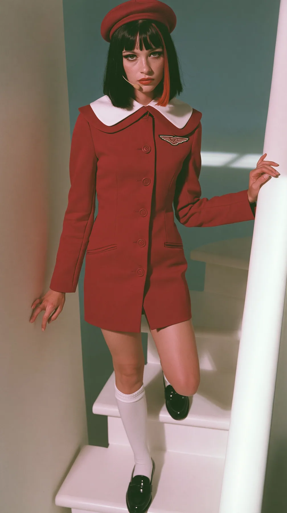 full-length side view, a Caucasian American woman in her late twenties with pale skin and a glossy black blunt bob with heavy straight bangs and one clay-orange streak, a thin headset microphone, in a red tailored…