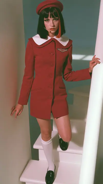 full-length side view, a Caucasian American woman in her late twenties with pale skin and a glossy black blunt bob with heavy straight bangs and one clay-orange streak, a thin headset microphone, in a red tailored…